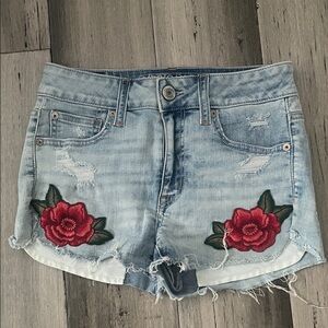 American Eagle Outfitters 2 High Rise Shortie Distressed Jean Shorts Roses